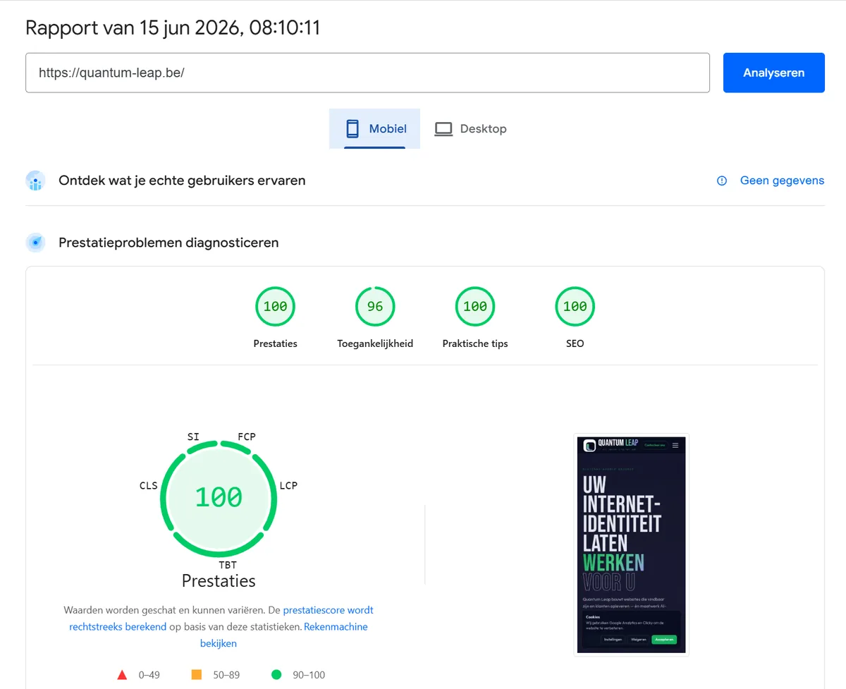 Google PageSpeed Insights-rapport voor quantum-leap.be op mobiel: Prestaties 100, Toegankelijkheid 96, Praktische tips 100, SEO 100